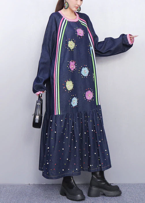 Playful Blue Flower Adorned Denim Long Dress Fall - Image 4