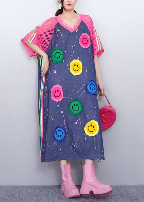 Playful Pink Smiley Hollow Out Patchwork Denim Long Dress Summer - Image 2