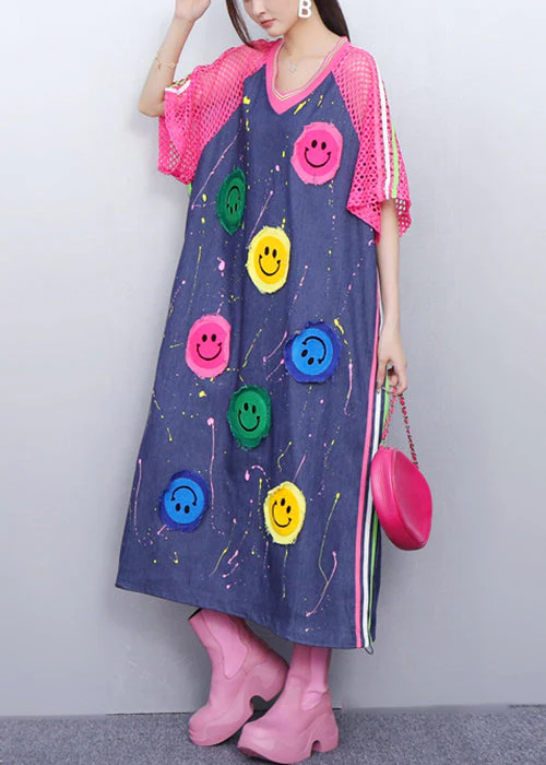 Playful Pink Smiley Hollow Out Patchwork Denim Long Dress Summer - Image 3