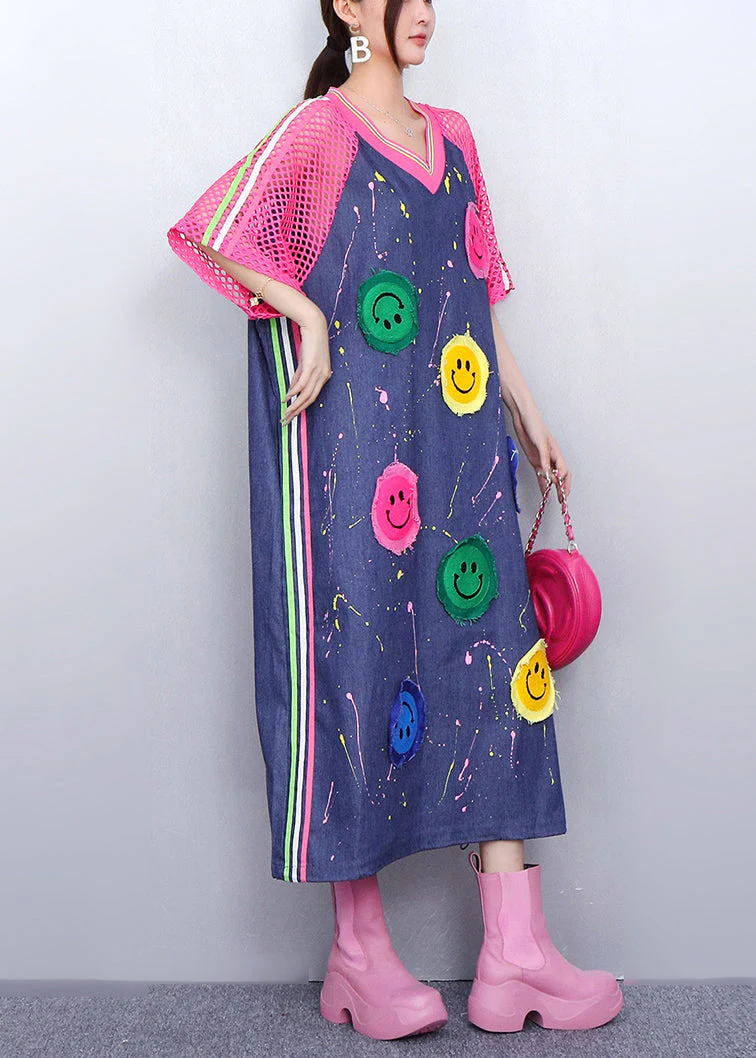Playful Pink Smiley Hollow Out Patchwork Denim Long Dress Summer - Image 4