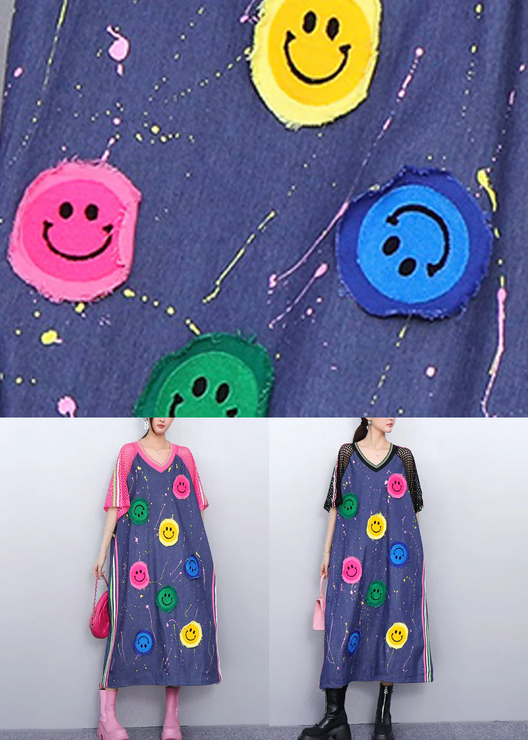 Playful Pink Smiley Hollow Out Patchwork Denim Long Dress Summer - Image 5