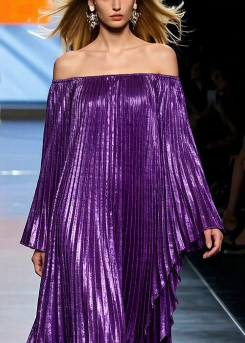 Pleated Batwing Sleeves Off-The-Shoulder Maxi Evening Dresses - Image 2