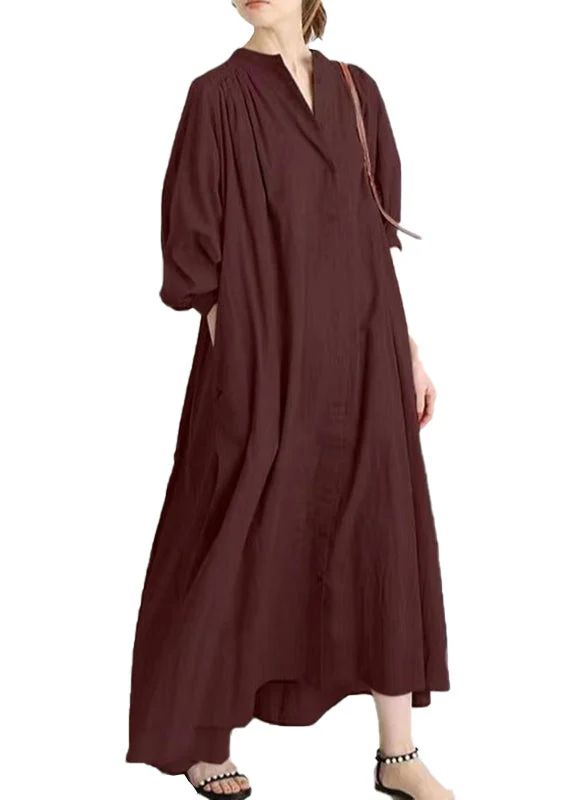 Plus Size Apricot O Neck Button Cotton Shirts Dress Spring - Image 5