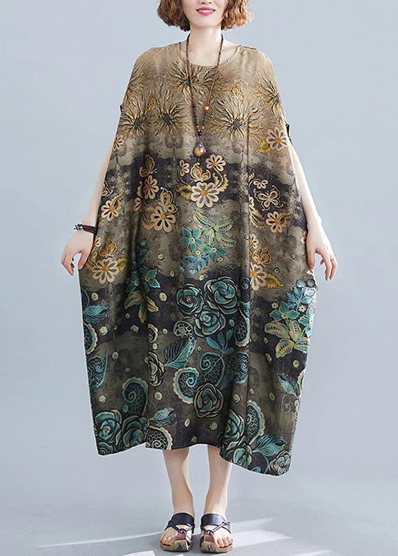 Plus Size Apricot O-Neck Print Silk Long Dress Batwing Sleeve