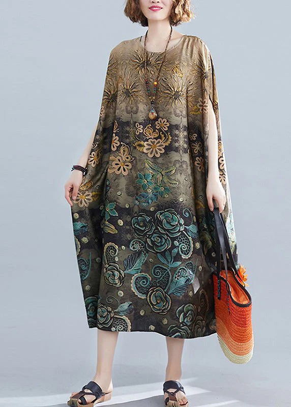 Plus Size Apricot O-Neck Print Silk Long Dress Batwing Sleeve - Image 2