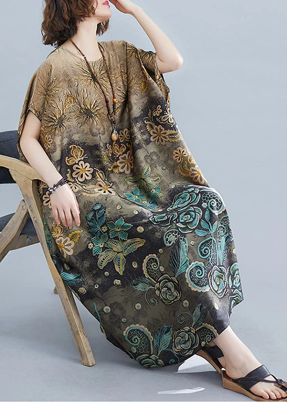 Plus Size Apricot O-Neck Print Silk Long Dress Batwing Sleeve - Image 3