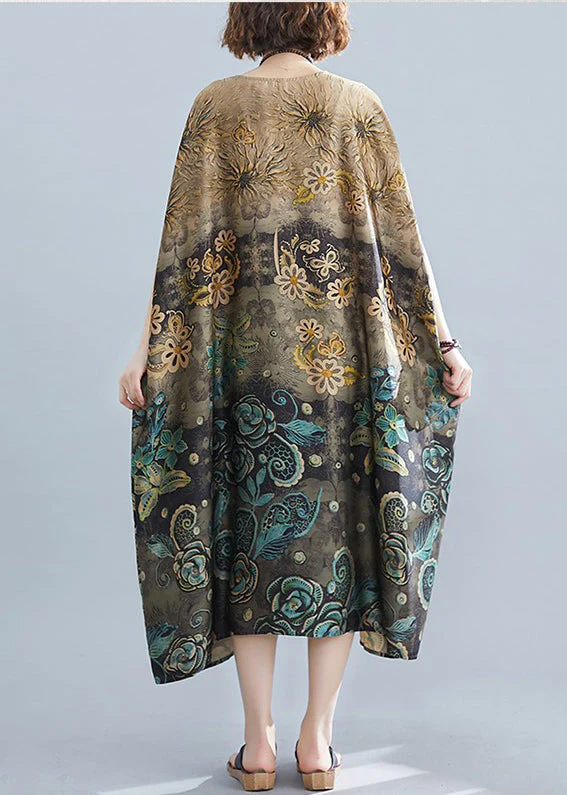 Plus Size Apricot O-Neck Print Silk Long Dress Batwing Sleeve - Image 4