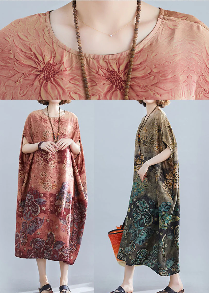 Plus Size Apricot O-Neck Print Silk Long Dress Batwing Sleeve - Image 5