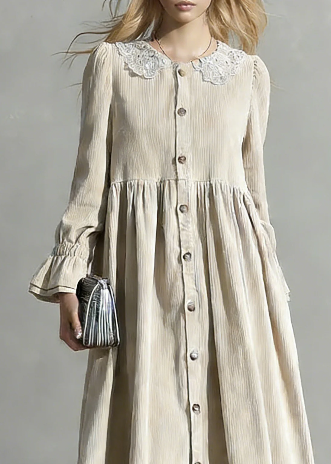 Plus Size Apricot Peter Pan Collar Button Corduroy Blouses Dresses Spring - Image 2