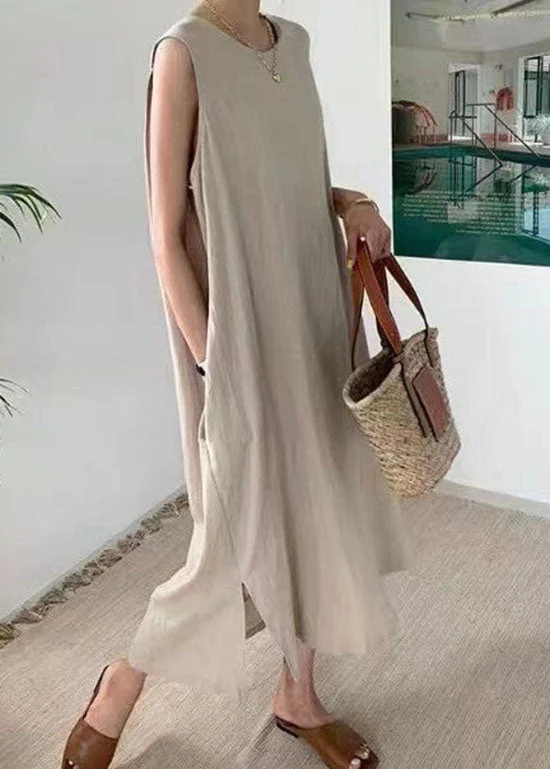 Plus Size Apricot Pockets side open Dress Sleeveless - Image 2