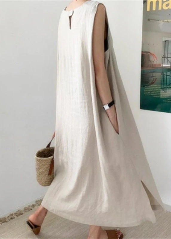 Plus Size Apricot Pockets side open Dress Sleeveless - Image 4