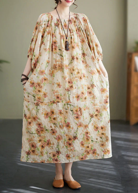 Plus Size Apricot Print Wrinkled Robe Dress Summer - Image 2