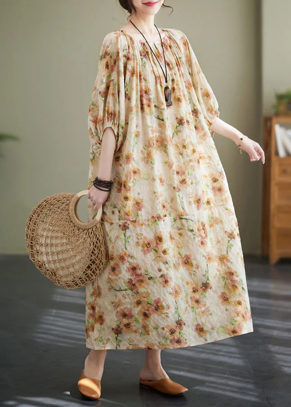 Plus Size Apricot Print Wrinkled Robe Dress Summer - Image 3