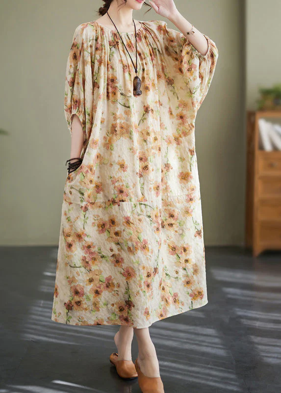 Plus Size Apricot Print Wrinkled Robe Dress Summer - Image 4