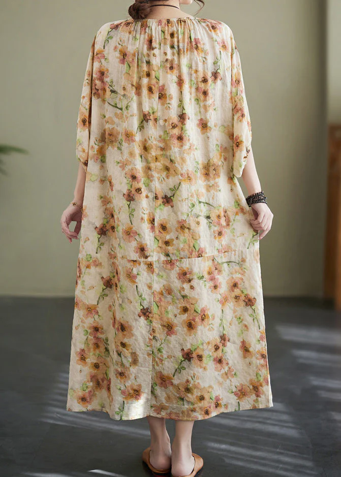 Plus Size Apricot Print Wrinkled Robe Dress Summer - Image 5