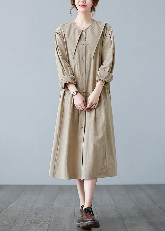 Plus Size Apricot Sailor Collar Button Wrinkled Long Dress Long sleeve - Image 2