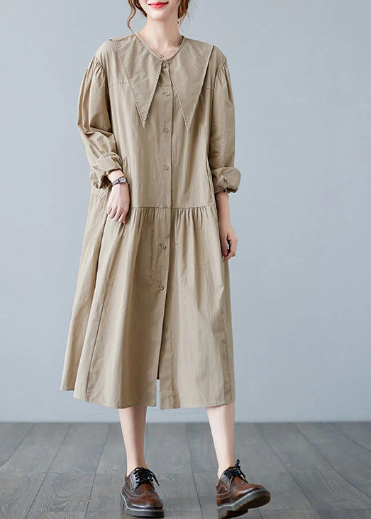 Plus Size Apricot Sailor Collar Button Wrinkled Long Dress Long sleeve - Image 4