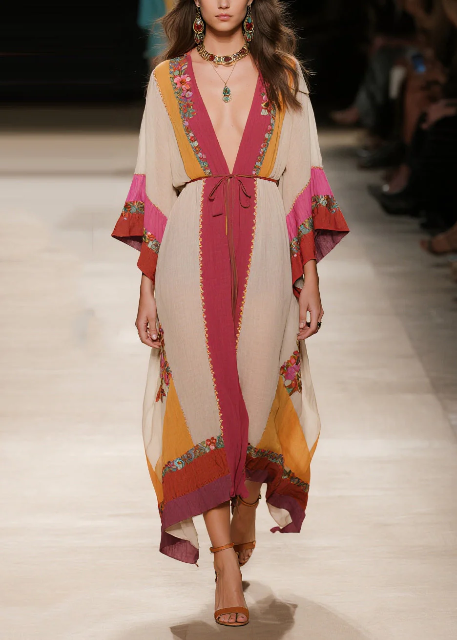Plus Size Apricot Tie Waist Print Cotton Robe Dresses Summer - Image 3