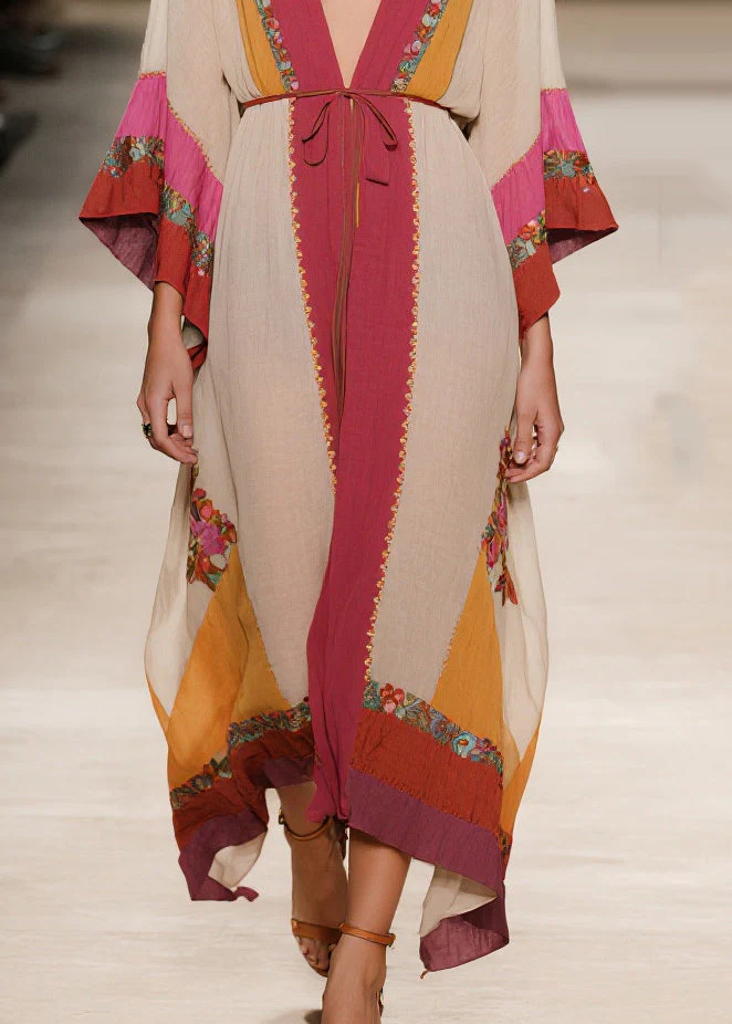 Plus Size Apricot Tie Waist Print Cotton Robe Dresses Summer - Image 4