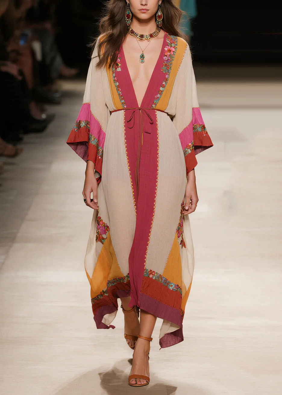 Plus Size Apricot Tie Waist Print Cotton Robe Dresses Summer - Image 5