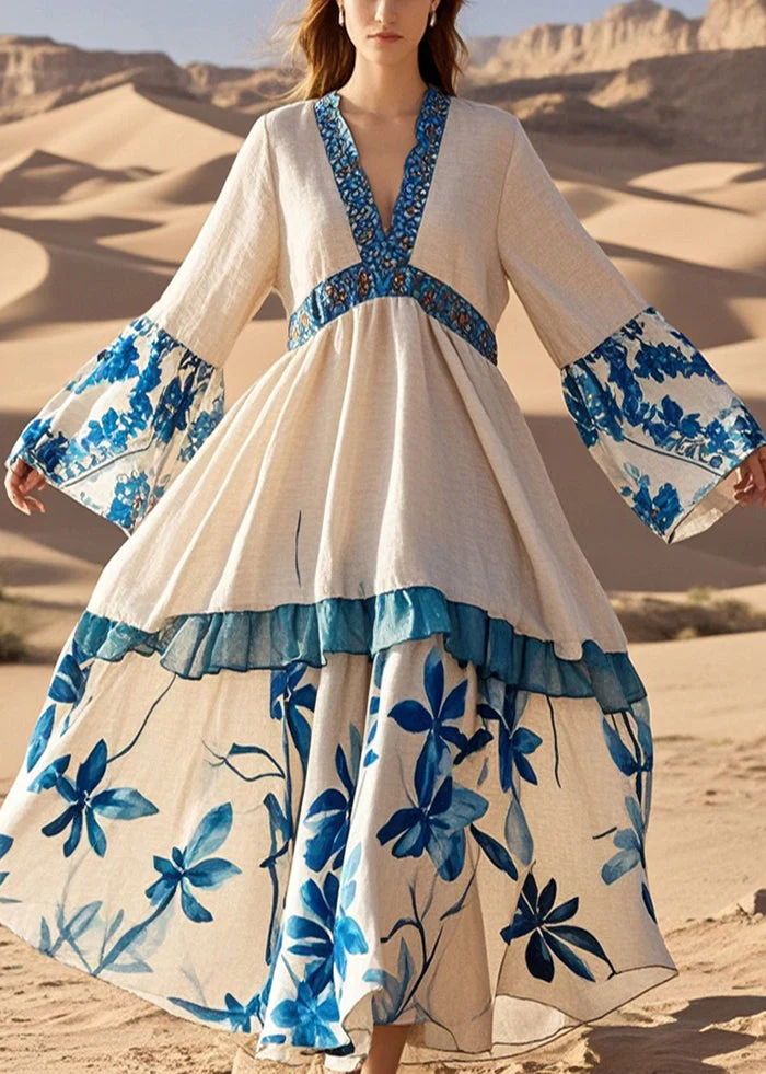 Plus Size Apricot V Neck Patchwork Print Cotton Holiday Dress Spring - Image 3