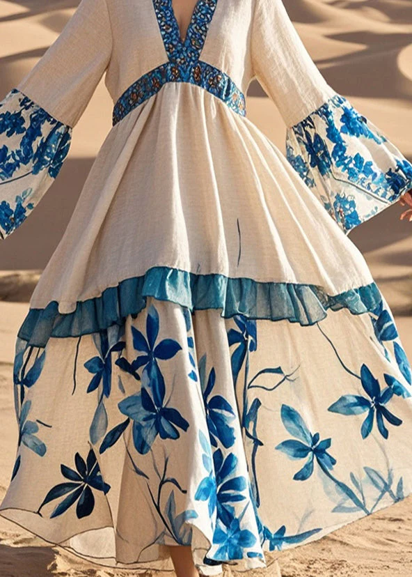 Plus Size Apricot V Neck Patchwork Print Cotton Holiday Dress Spring - Image 4