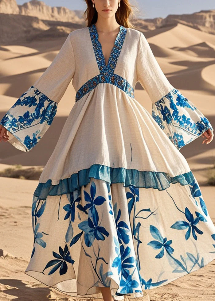 Plus Size Apricot V Neck Patchwork Print Cotton Holiday Dress Spring - Image 5