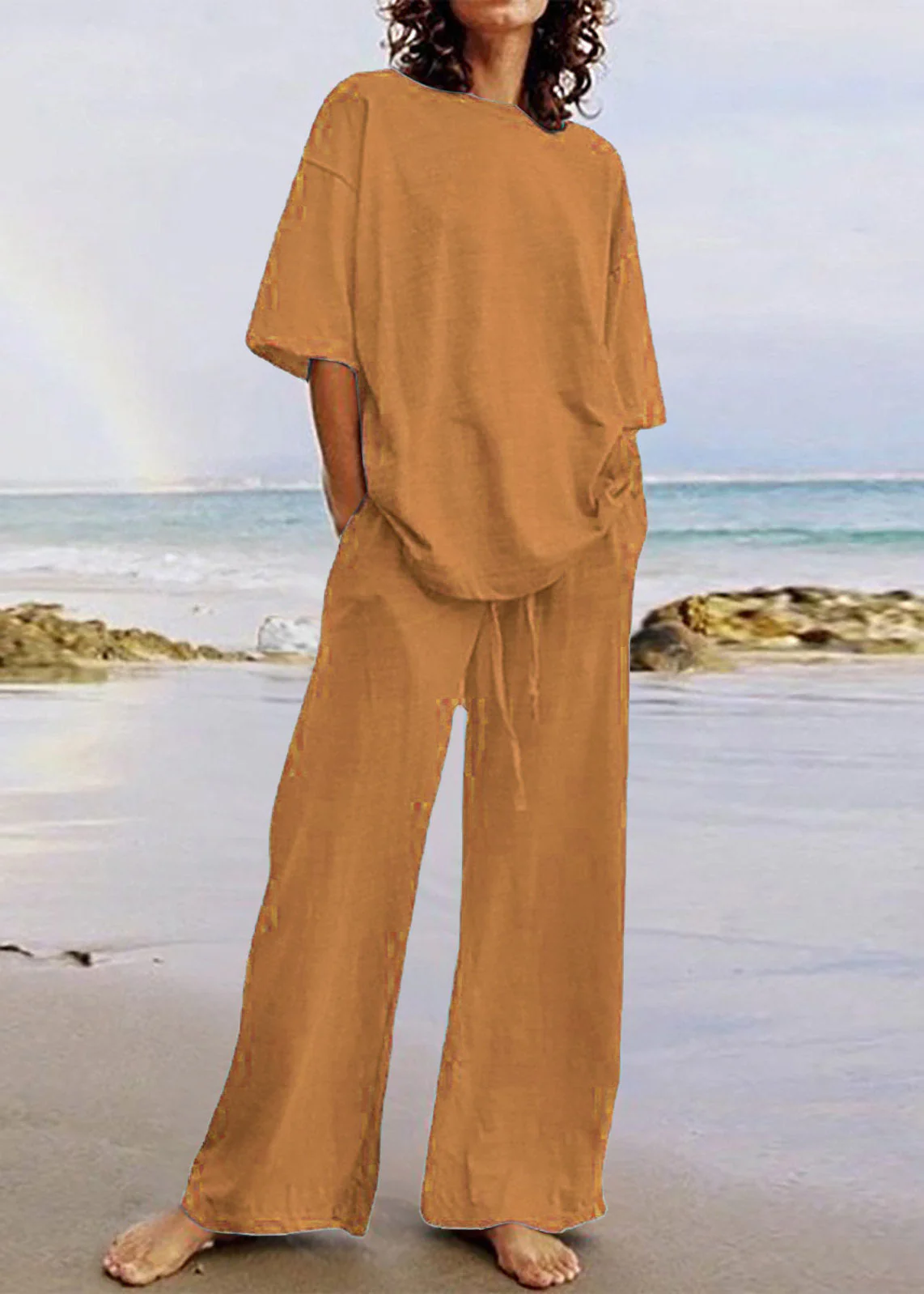 Plus Size Army Green Patchwork T Shirts And Wide Leg Pants Two Piece Set Short Sleeve - Image 3