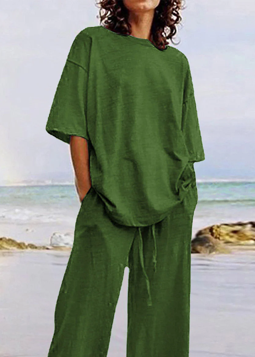 Plus Size Army Green Patchwork T Shirts And Wide Leg Pants Two Piece Set Short Sleeve - Image 4