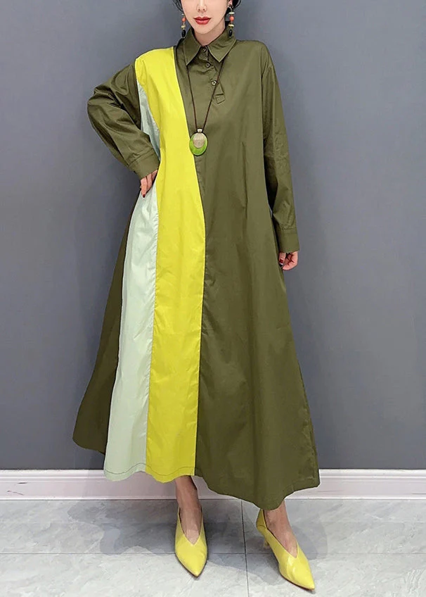 Plus Size Army Green Peter Pan Collar Patchwork Cotton Maxi Dresses Spring - Image 2