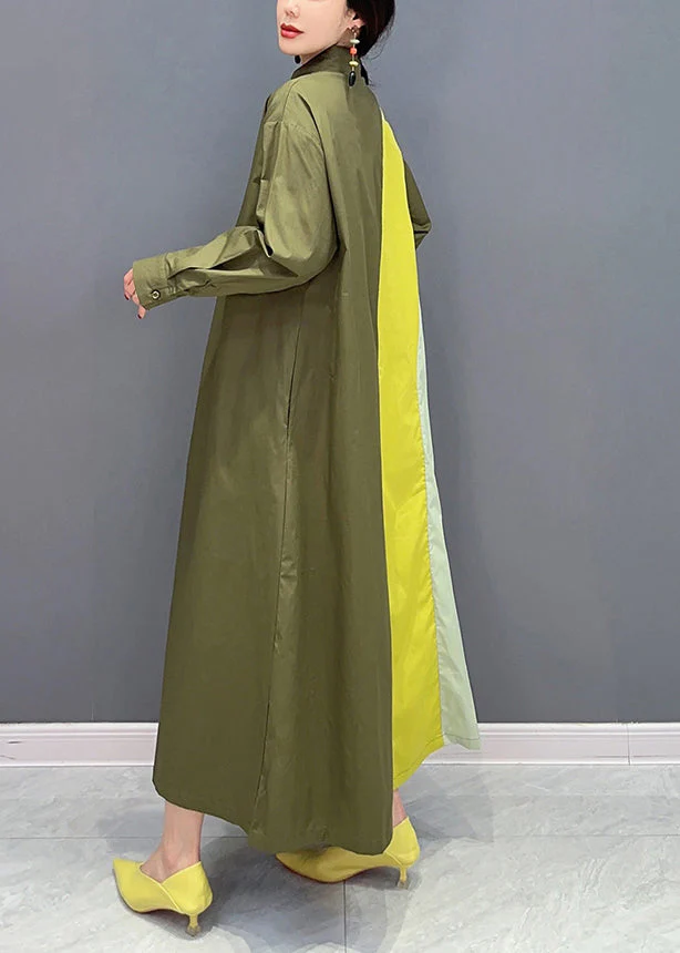 Plus Size Army Green Peter Pan Collar Patchwork Cotton Maxi Dresses Spring - Image 3