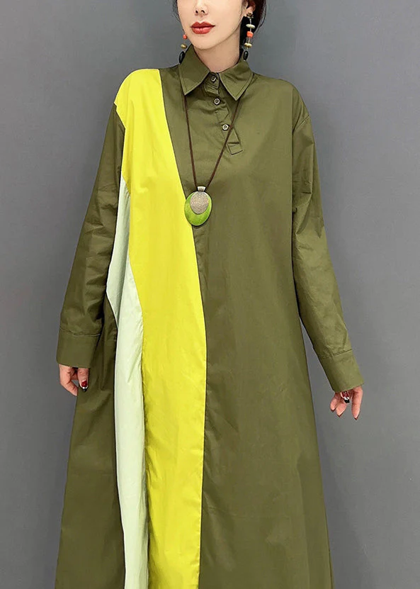 Plus Size Army Green Peter Pan Collar Patchwork Cotton Maxi Dresses Spring - Image 4