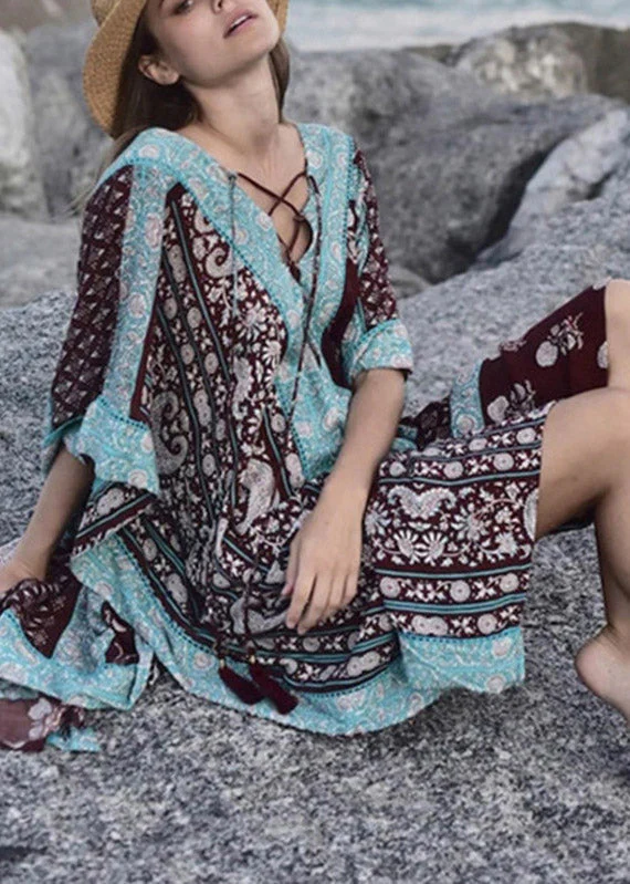 Plus Size Baby Blue V Neck Print Side Open Maxi Holiday Dresses Short Sleeve - Image 2