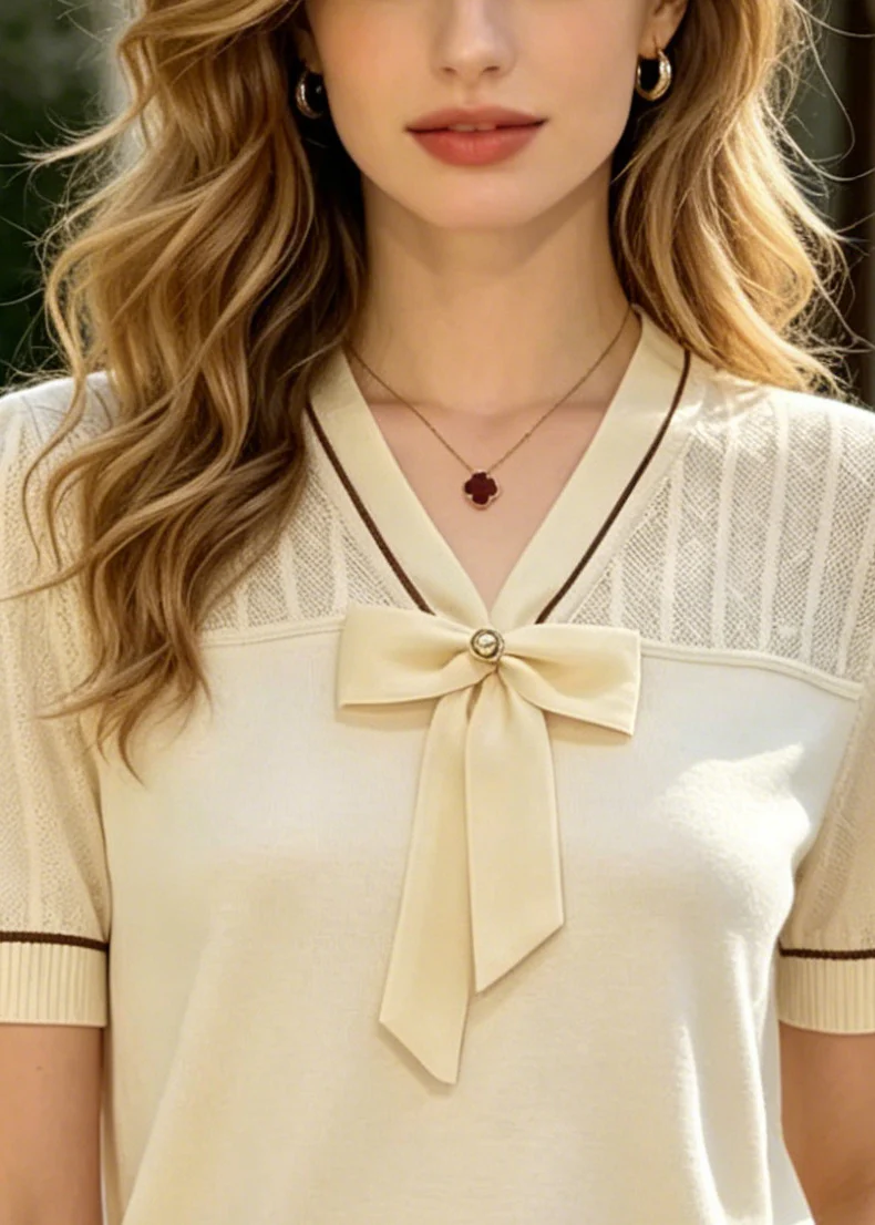 Plus Size Beige Bow Patchwork Knit Shirt Summer - Image 2