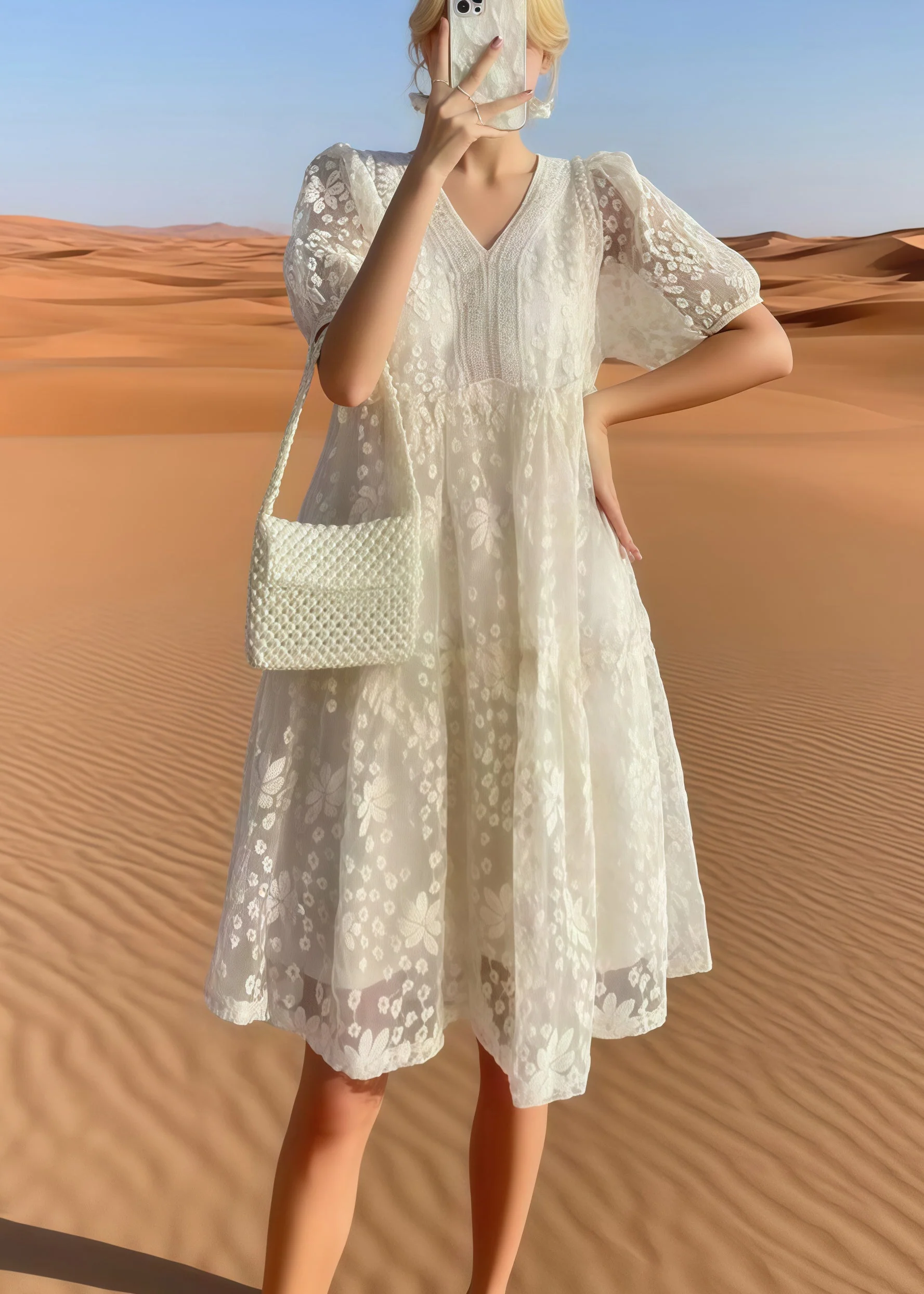 Plus Size Beige Embroidered Tulle Holiday Dress Summer - Image 3
