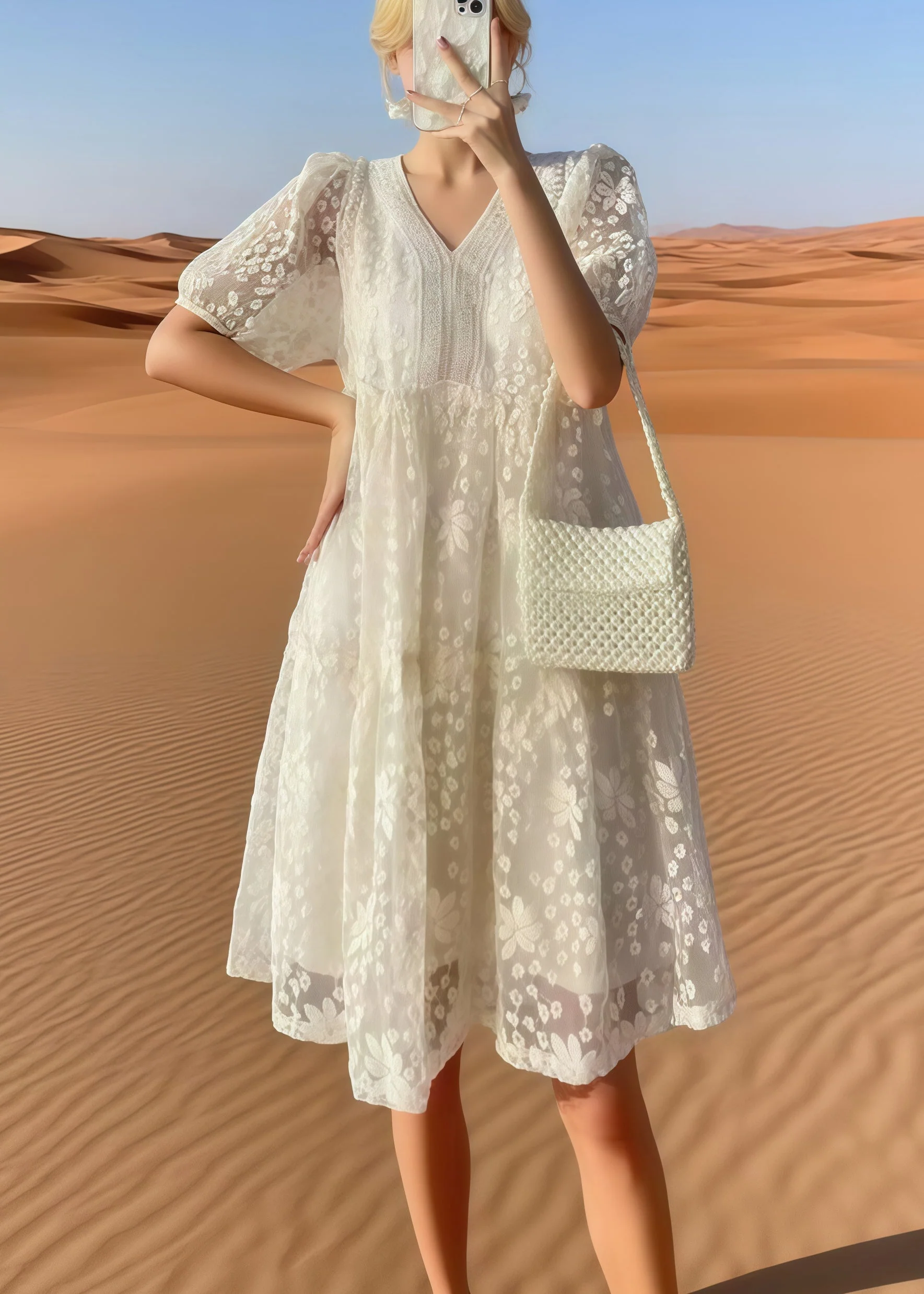 Plus Size Beige Embroidered Tulle Holiday Dress Summer - Image 5