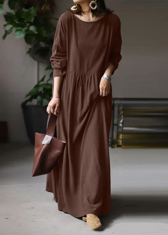 Plus Size Beige O Neck Patchwork Cotton Ankle Dress Spring - Image 3