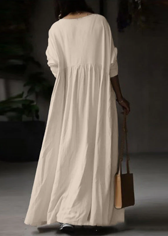Plus Size Beige O Neck Patchwork Cotton Ankle Dress Spring - Image 5
