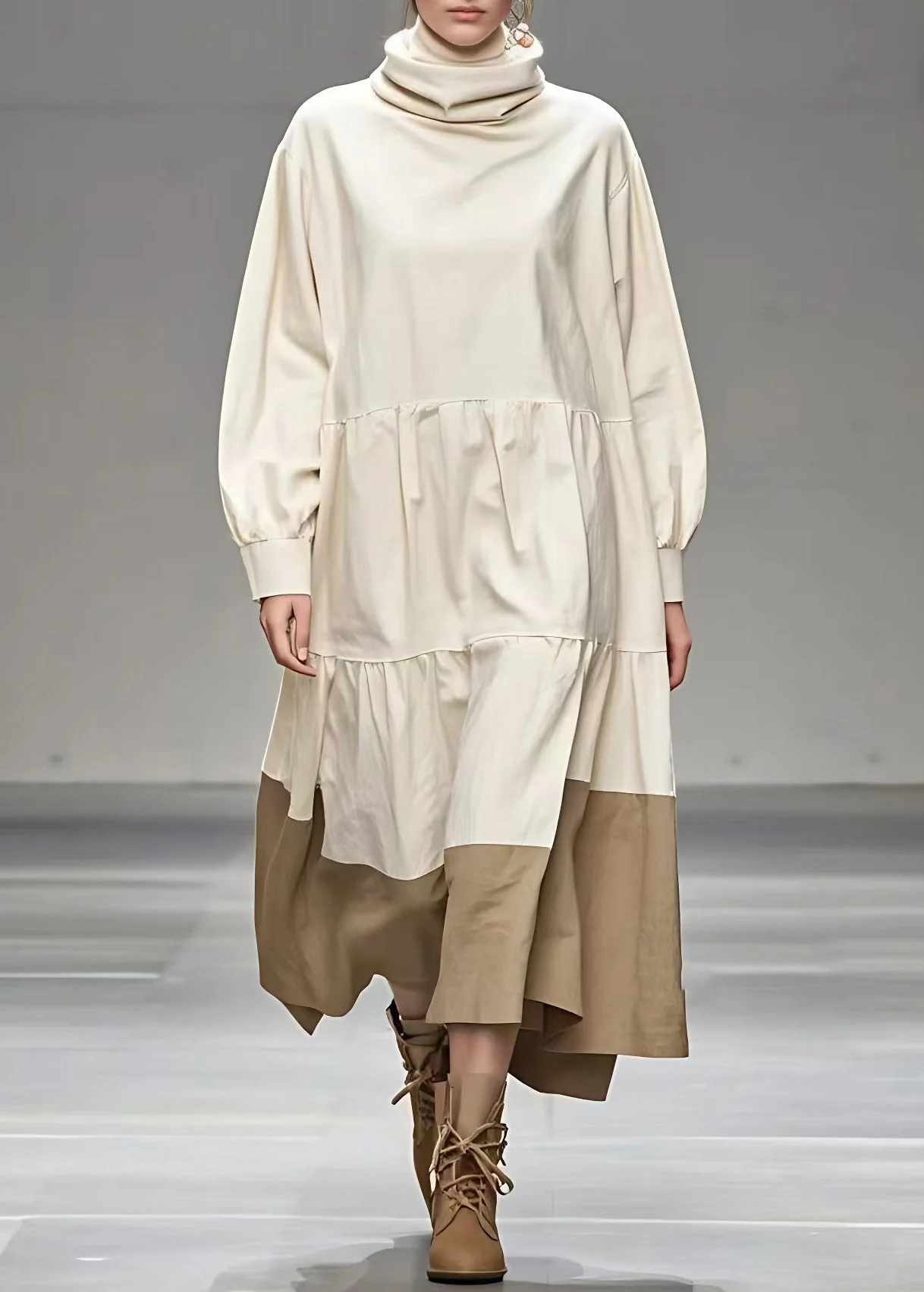 Plus Size Beige Peter Pan Collar Patchwork Maxi Dress Fall - Image 2