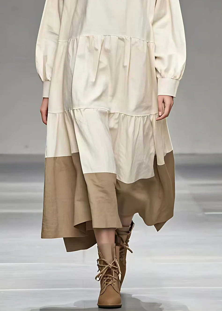 Plus Size Beige Peter Pan Collar Patchwork Maxi Dress Fall - Image 5