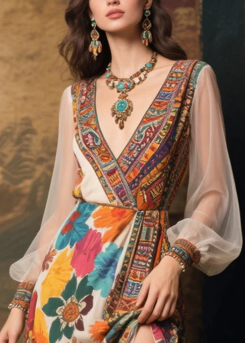 Plus Size Beige Print Patchwork Tulle Robe Dresses Summer - Image 2