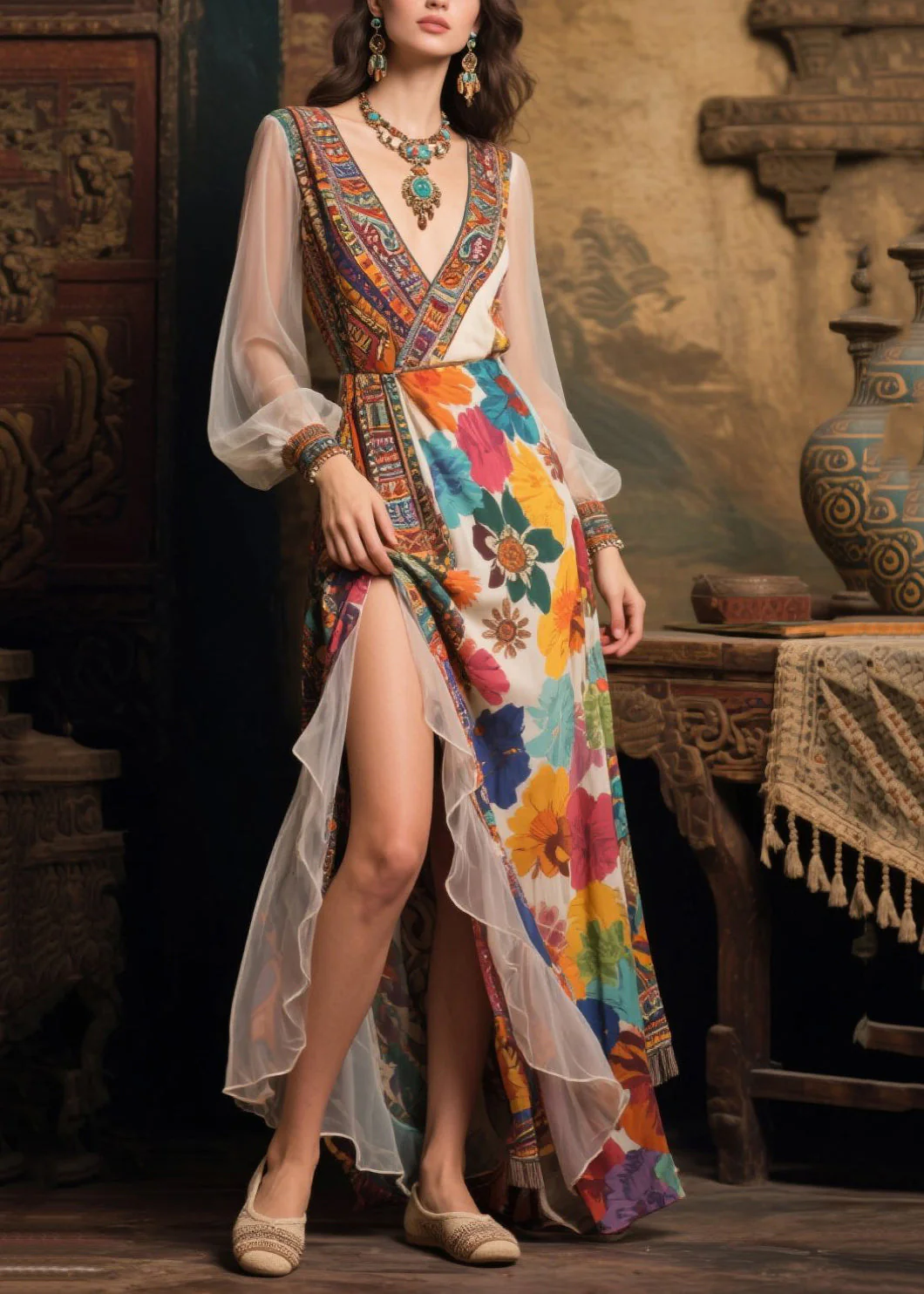 Plus Size Beige Print Patchwork Tulle Robe Dresses Summer - Image 3