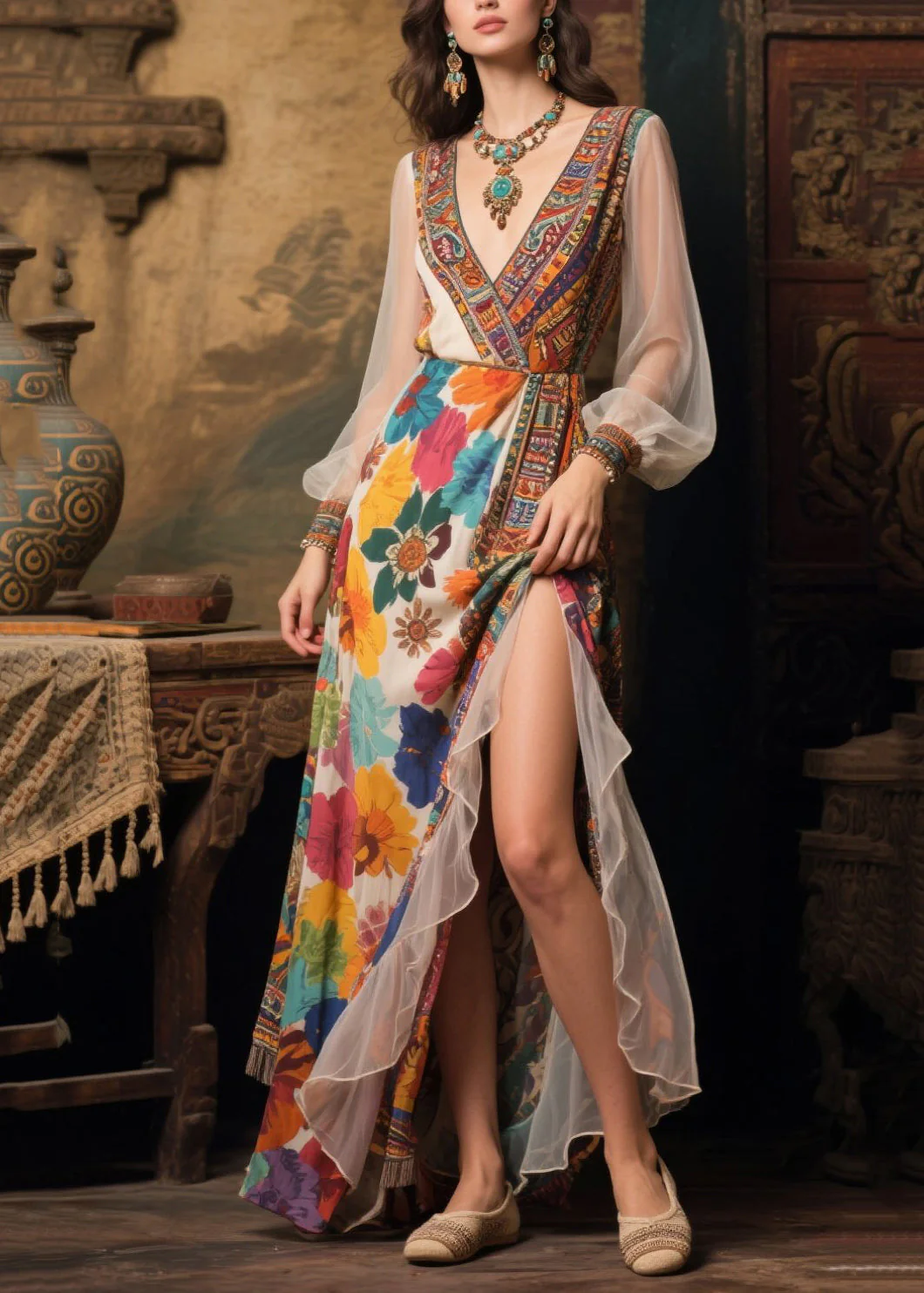 Plus Size Beige Print Patchwork Tulle Robe Dresses Summer - Image 5
