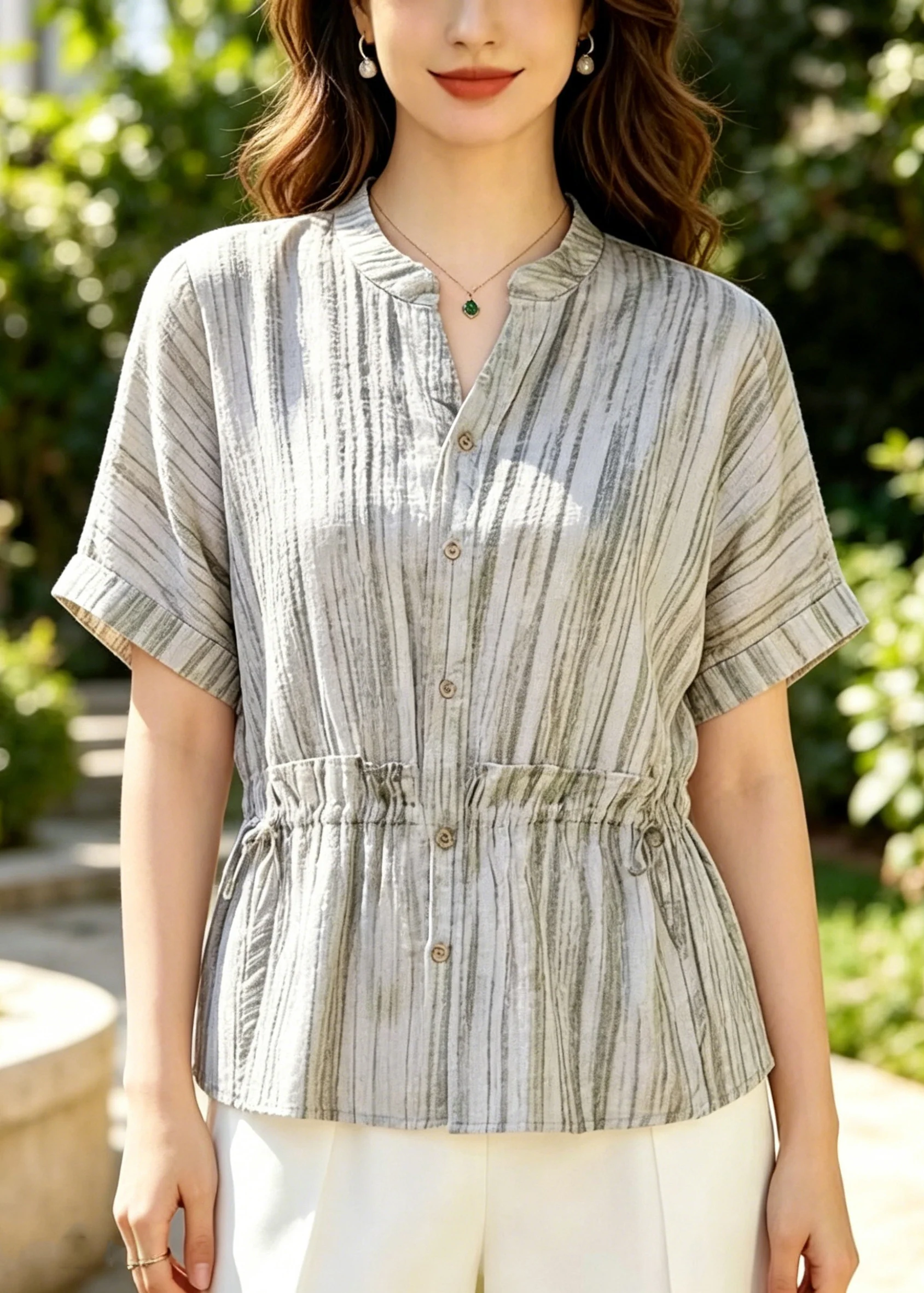 Plus Size Beige Ruffled Striped Cotton Blouse Tops Summer - Image 3