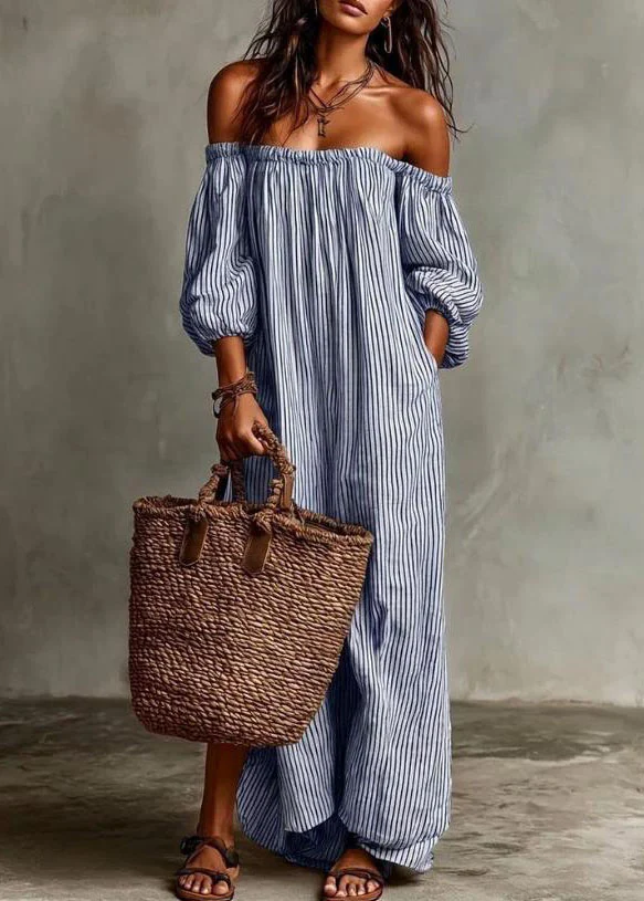 Plus Size Beige Slash Neck Striped Cotton Ankle Dress Summer - Image 3