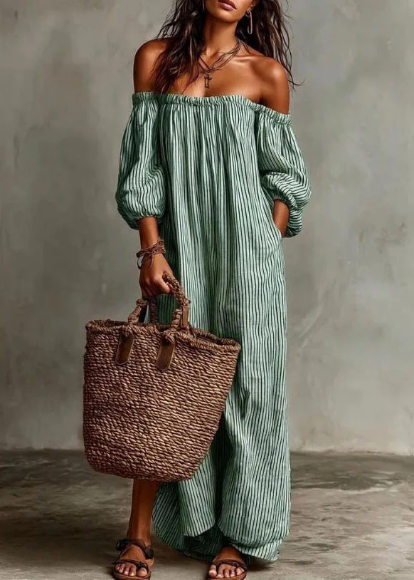 Plus Size Beige Slash Neck Striped Cotton Ankle Dress Summer - Image 4