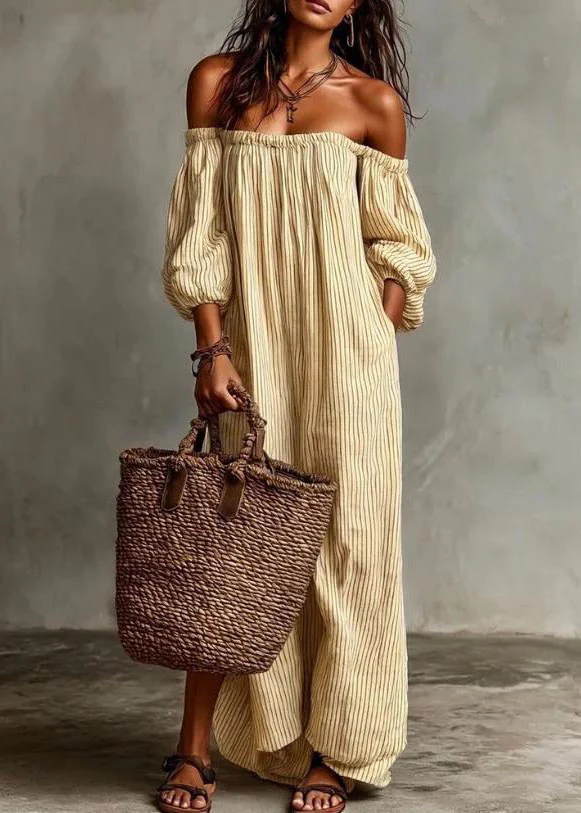 Plus Size Beige Slash Neck Striped Cotton Ankle Dress Summer - Image 5