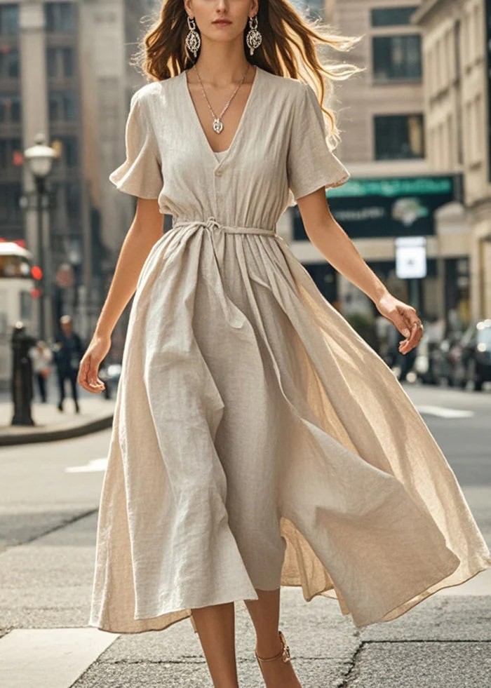 Plus Size Beige V Neck Exra Large Hem Cotton Ankle Dress Summer - Image 3