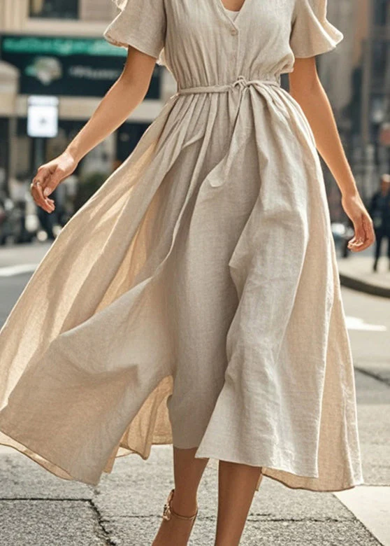 Plus Size Beige V Neck Exra Large Hem Cotton Ankle Dress Summer - Image 4