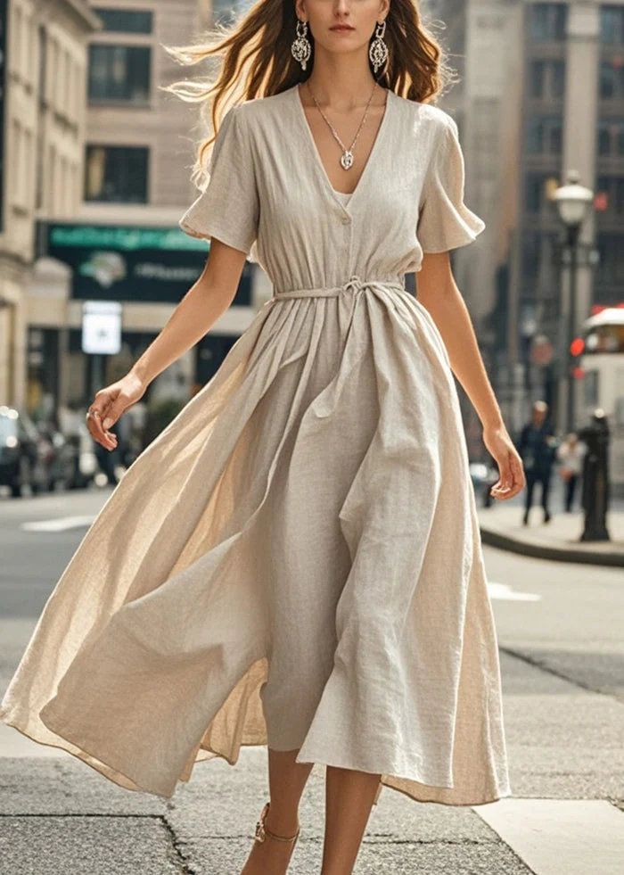 Plus Size Beige V Neck Exra Large Hem Cotton Ankle Dress Summer - Image 5